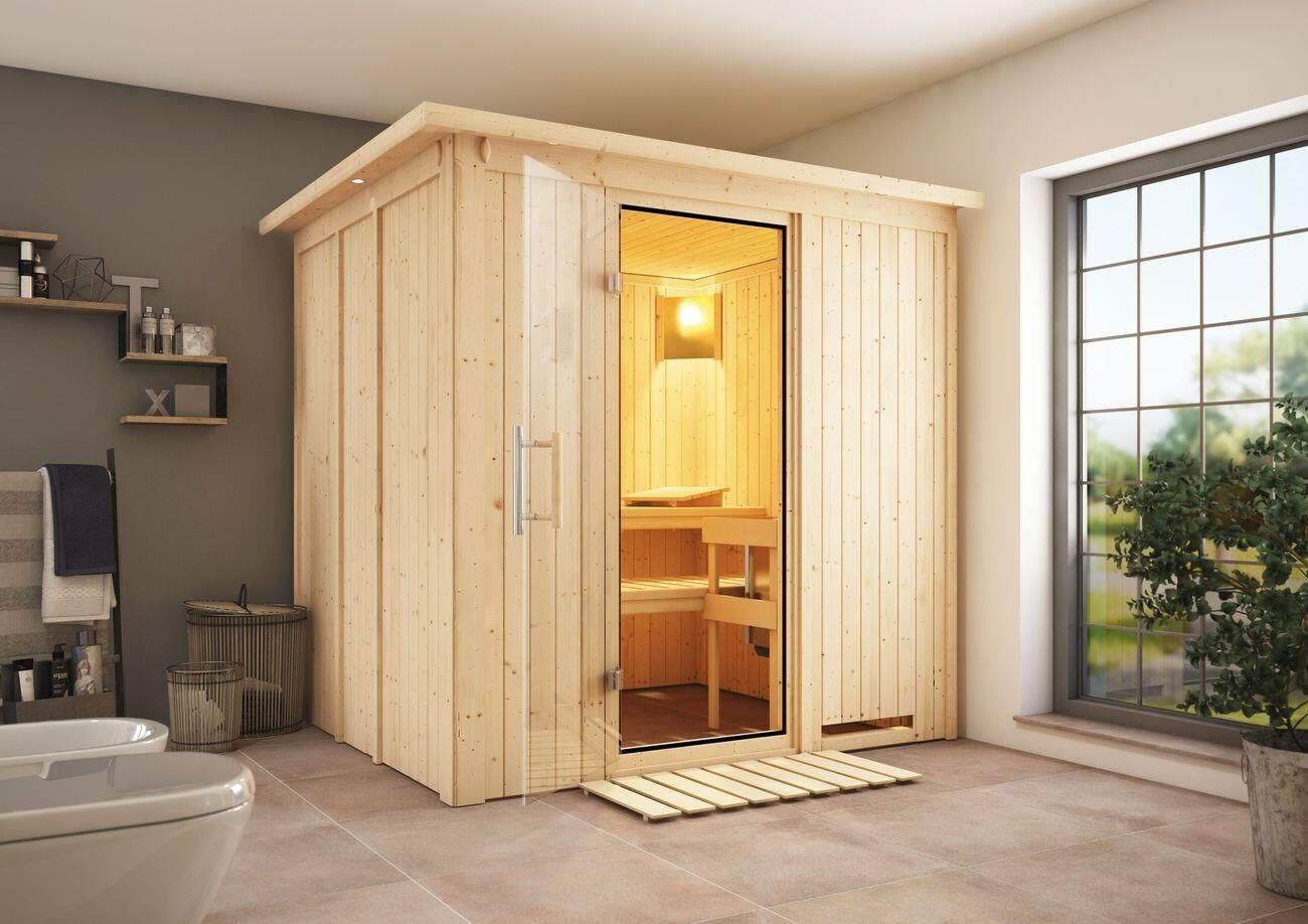 Innensauna Arto mit 9 kW Ofen FIN 9 und Huum Wifi Steuerung natur