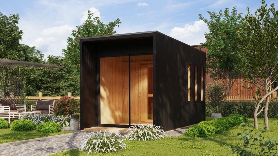 Aussenssauna Skagen mit 9 kW Ofen BIO 9 und Huum Wifi Steuerung schwarz