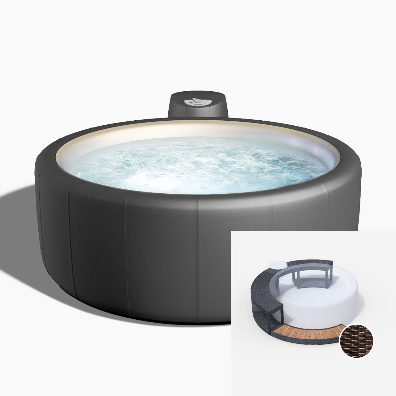 Softub Whirlpool LEGEND für 3-4 Pers.- Ø 180 cm - 830 l - graphite pearl im Set mit 5/8-Umrandung - Polyrattan - mocca