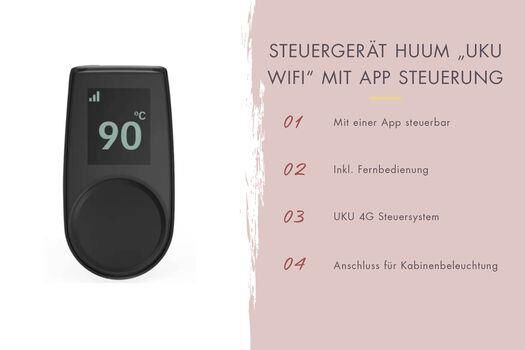 Fasssauna Tornby mit 9 kW Ofen FIN 9 und Huum Wifi Steuerung natur Dach: rot
