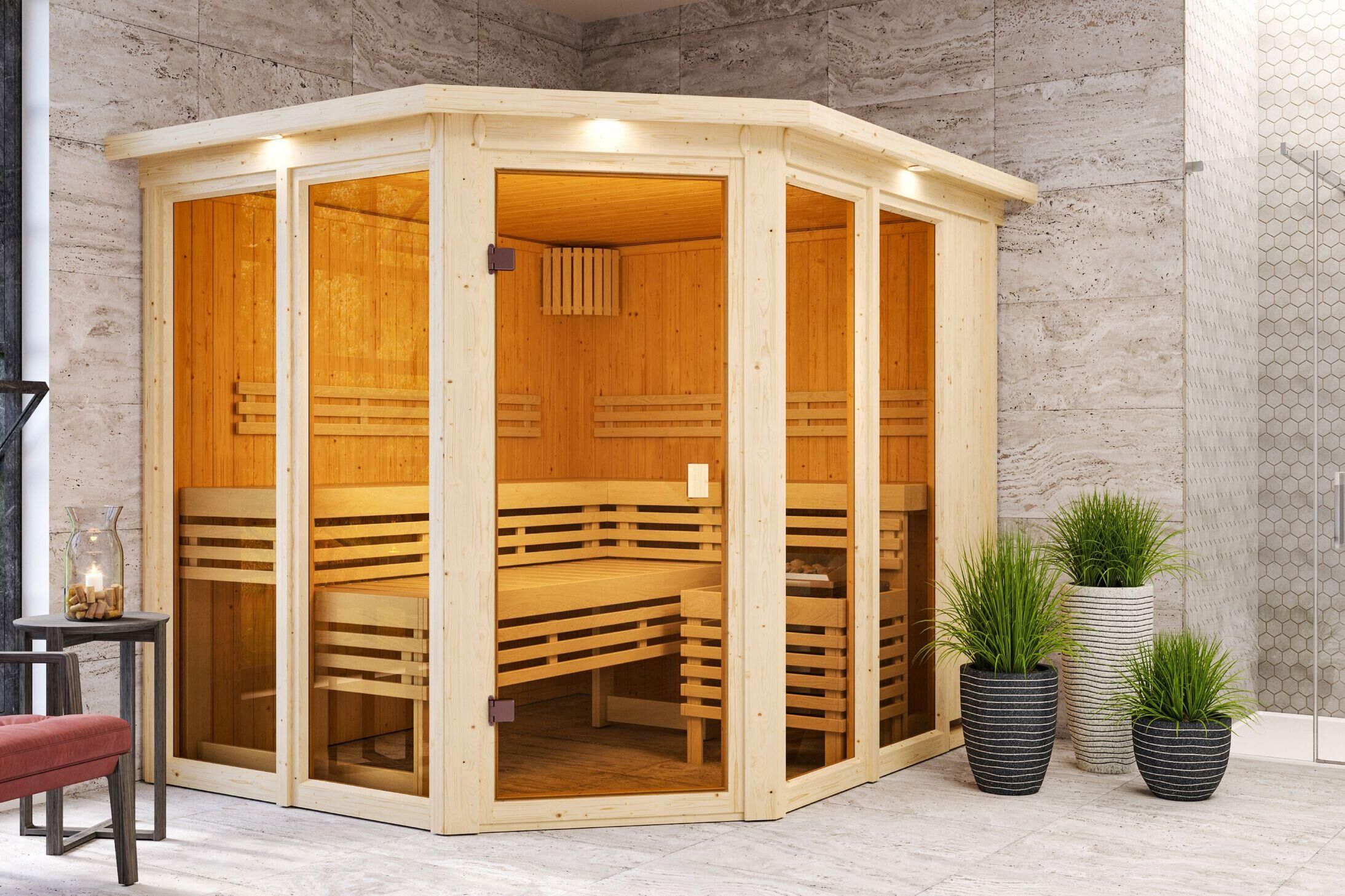 Innensauna Sande mit 9 kW Ofen BIO 9 und Huum Wifi Steuerung natur