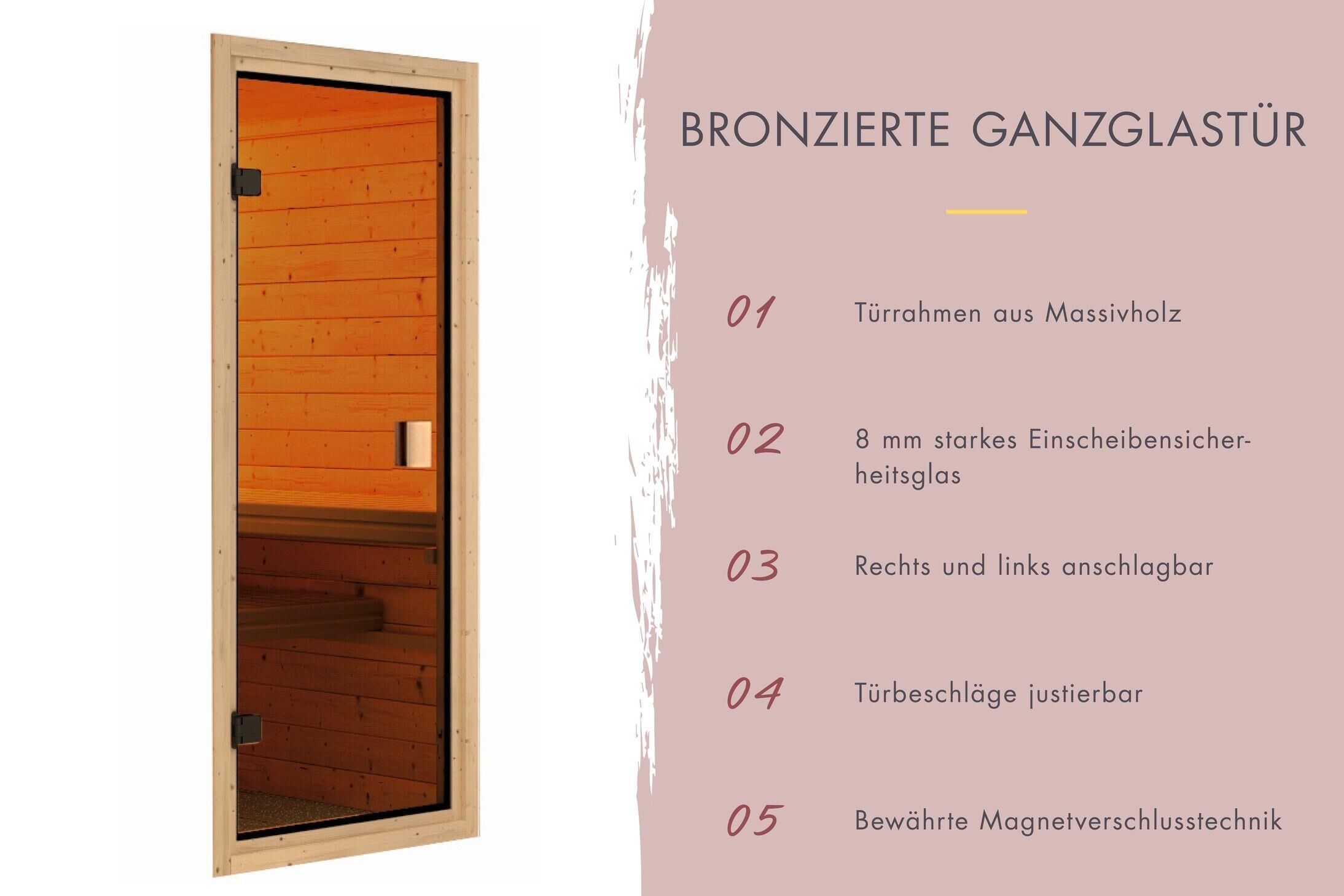 Innensauna Sande mit 9 kW Ofen BIO 9 und Huum Wifi Steuerung natur