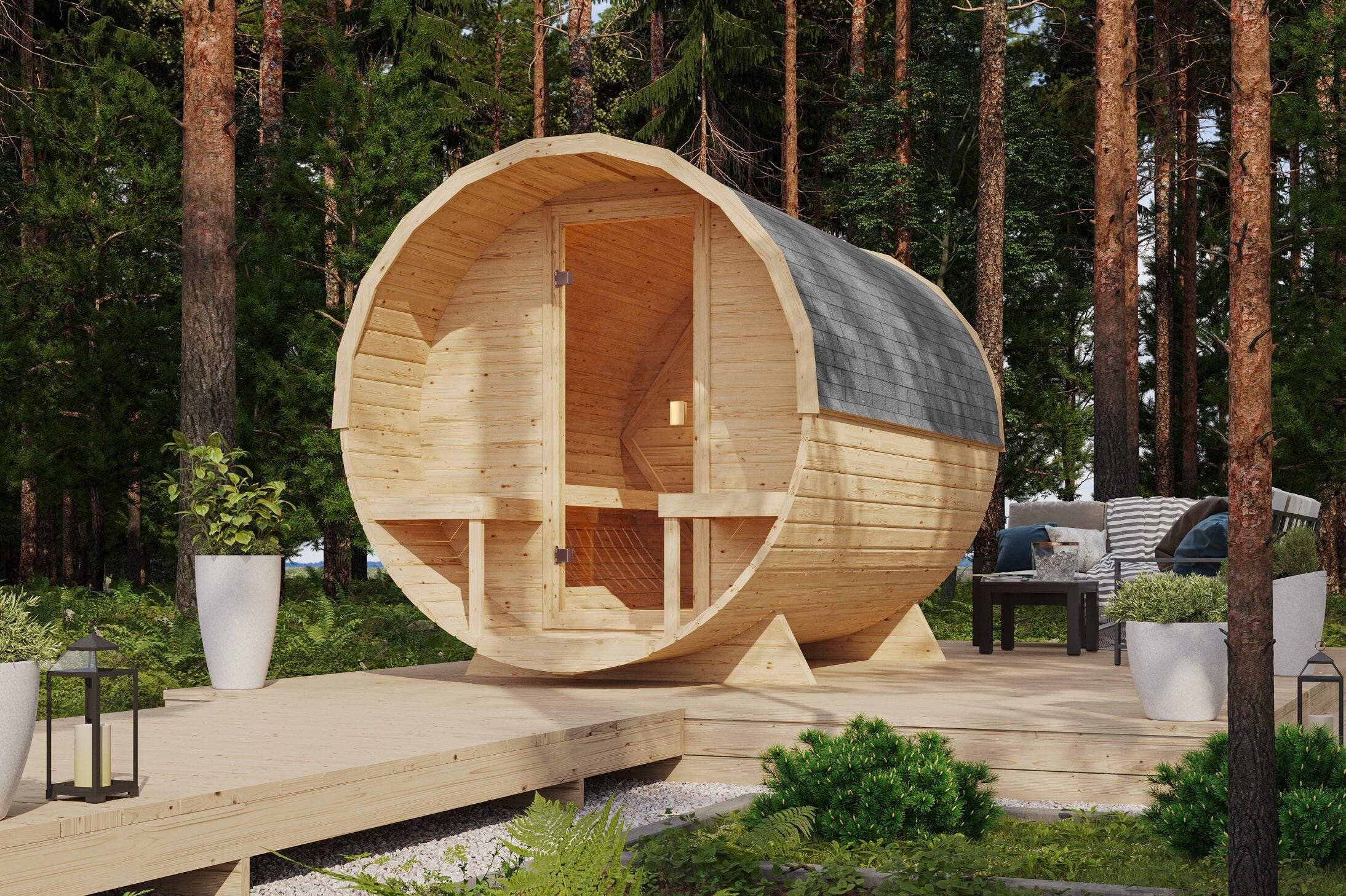 Fasssauna Tornby mit 9 kW Ofen FIN 9 und Huum Wifi Steuerung natur Dach: schwarz