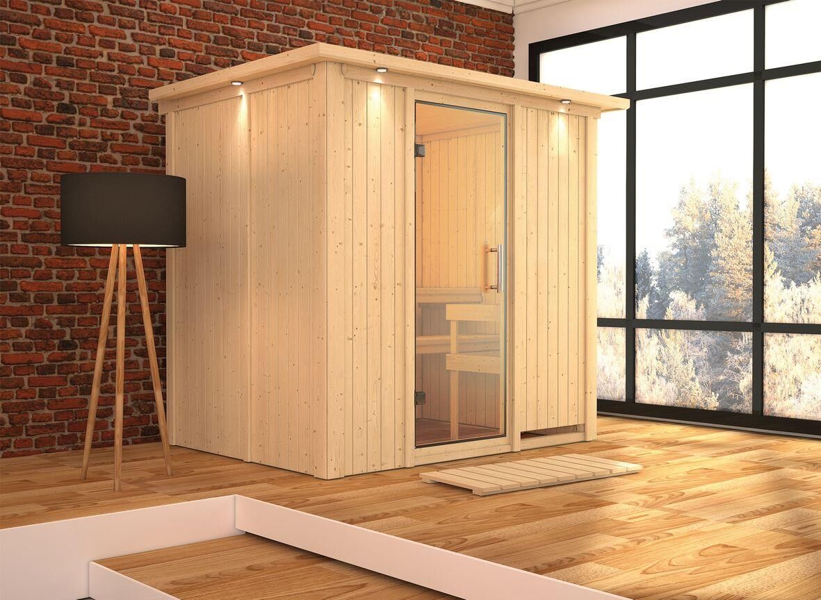 Innensauna Lona mit 9 kW Ofen FIN 9 und Huum Wifi Steuerung natur