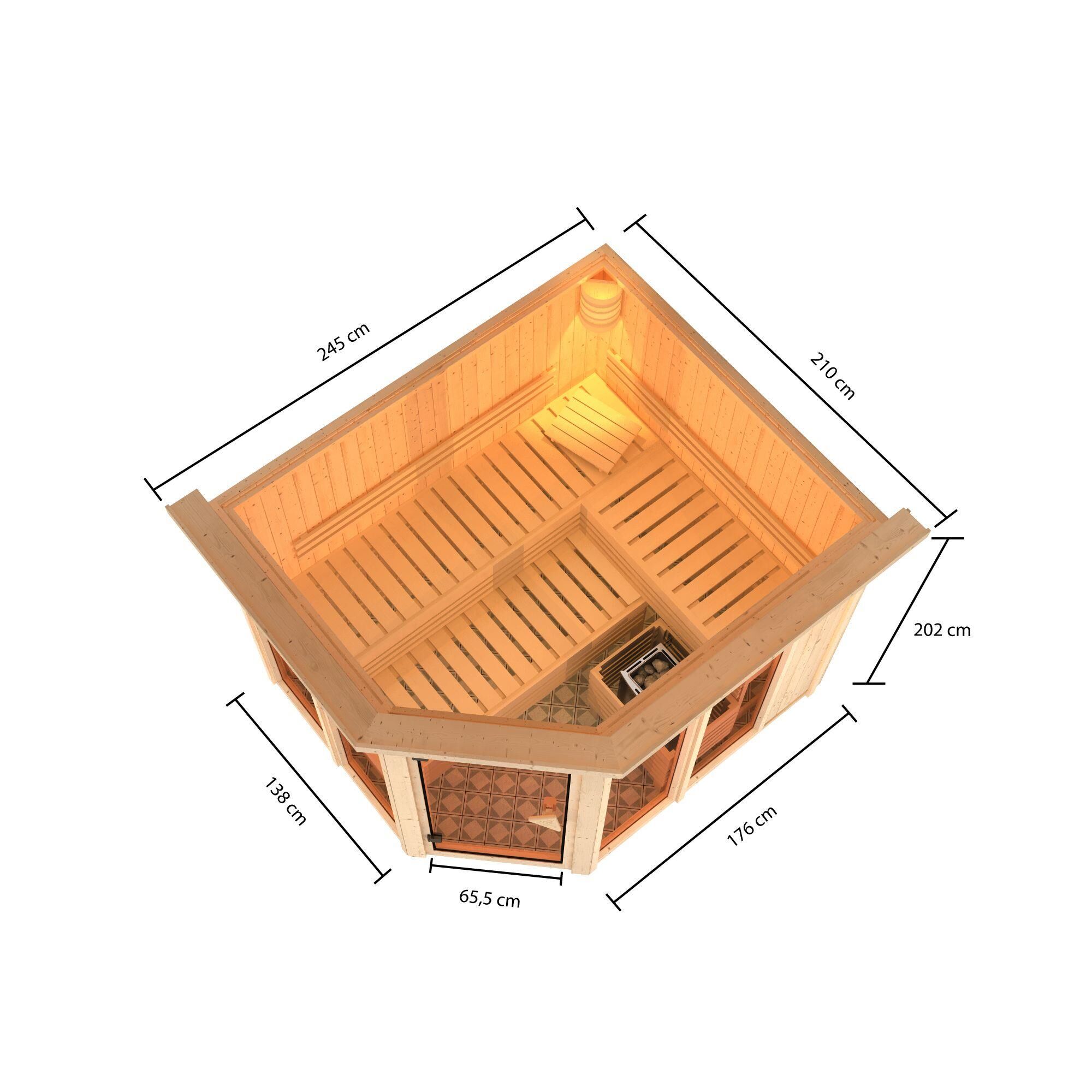 Innensauna Sande mit 9 kW Ofen BIO 9 und Huum Wifi Steuerung natur