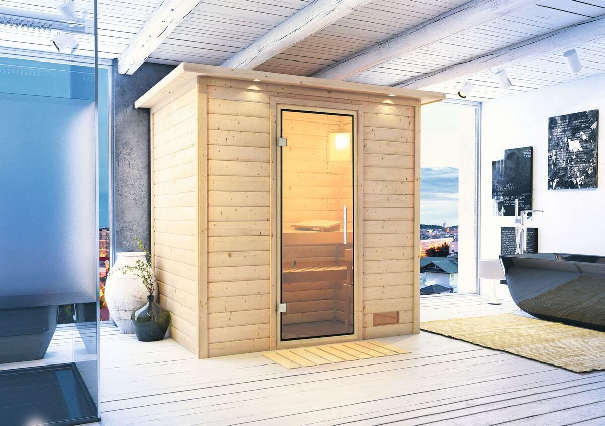 Innensauna Korven mit 9 kW Ofen BIO 9 und Huum Wifi Steuerung natur