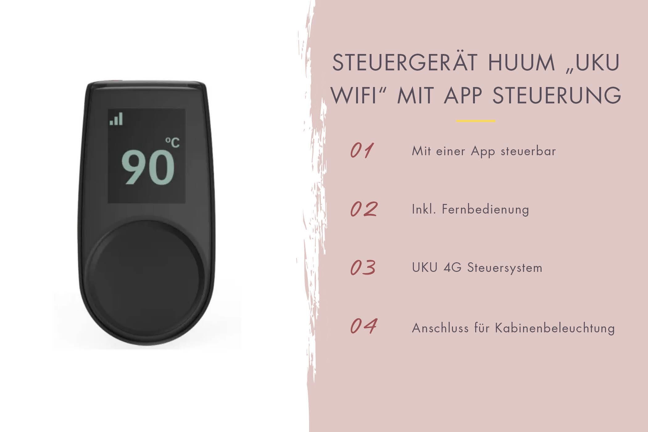 Innensauna Sande mit 9 kW Ofen BIO 9 und Huum Wifi Steuerung natur