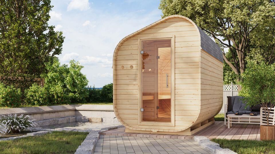 Aussenssauna Bugge mit 9 kW Ofen BIO 9 und Huum Wifi Steuerung natur