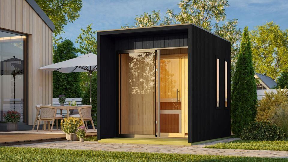 Aussenssauna Branko mit 9 kW Ofen BIO 9 und Huum Wifi Steuerung schwarz
