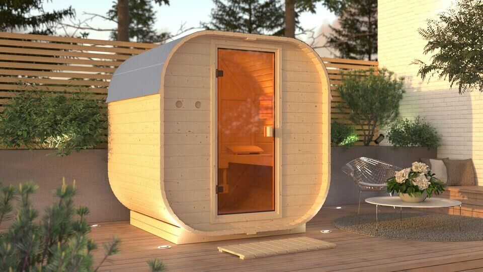 Aussenssauna Paavo mit 9 kW Ofen FIN 9 und Huum Wifi Steuerung natur