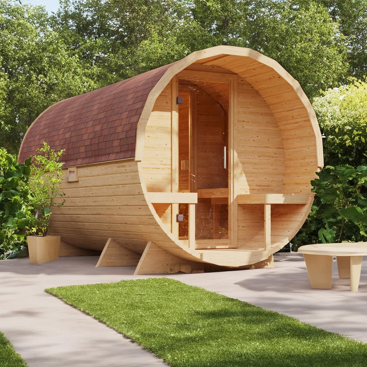 Fasssauna Tornby XL mit 9 kW Ofen FIN 9 und Huum Wifi Steuerung natur Dach: rot
